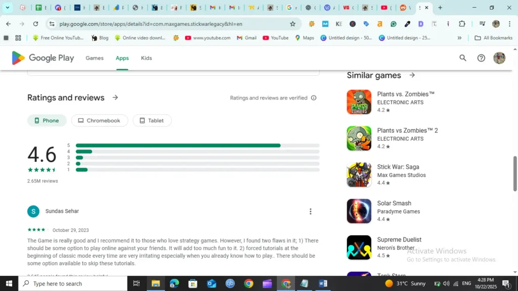playstore rating of stick war legacy